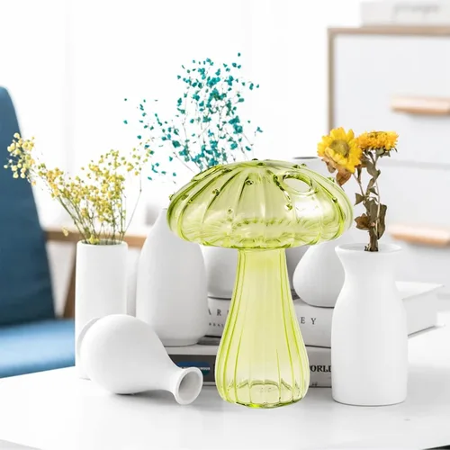 Vista 4 de IUIBMI Juego de 4 jarrones de hongos, coloridos jarrones de cristal de hongos, pequeños jarrones para flores, maceta de cristal para arreglos