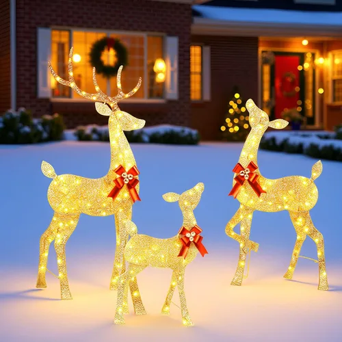 Vista 5 de YULETIME - Familia de renos navideños de 3 piezas con iluminación previa 2.5D, decoración navideña de ciervos con purpurina iluminada con luces LED