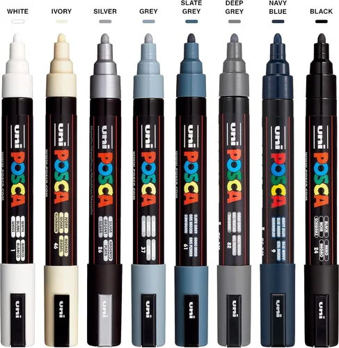 Vista 2 de Posca - Set de 8 marcadores de pintura media 5M – Tono mono – Blanco, Marfil, Plata, Gris, Azul marino, Negro