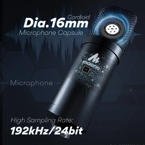 Vista 2 de MAONO Micrófono con juego de auriculares de estudio, condensador vocal de 192 kHz/24 bits, micrófono cardioide para podcast compatible con Mac