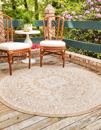 Vista 140 de Unique Loom Outdoor Aztec Collection Alfombra de área - Chalca (10 pies, redonda, azul/marfil)
