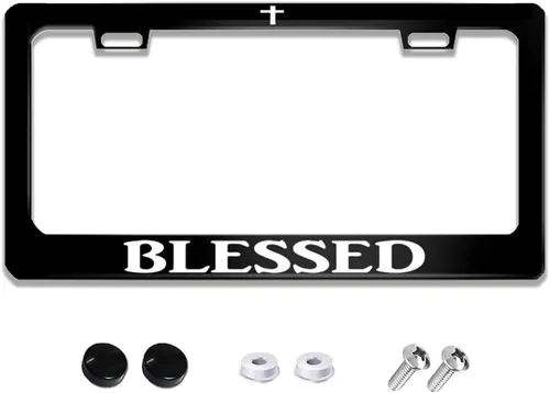 Divertido marco de matrícula con textos humorísticos Blessed Christian de acero inoxidable, soporte para placa de auto con 2 agujeros y tornillos,