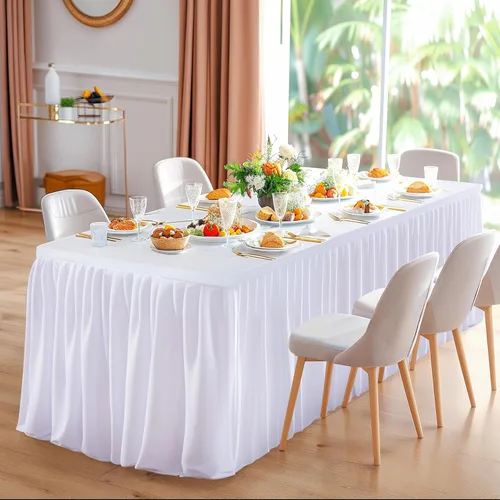Vista 27 de Manteles de poliéster negro para mesas rectangulares de 4 pies, cubierta de mesa ajustada sin arrugas con falda de mesa plisada con volantes