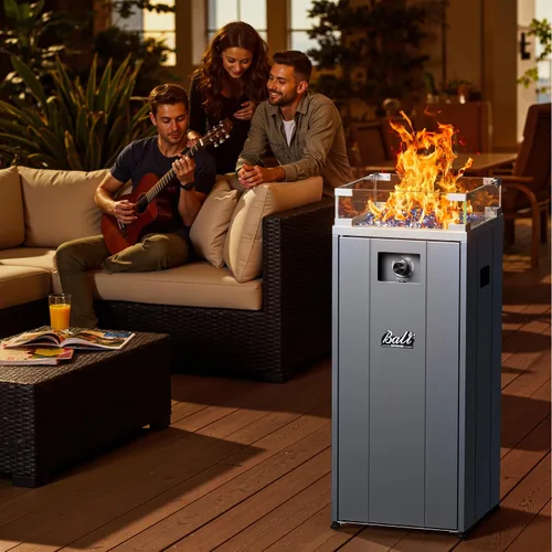 Vista 7 de BALI OUTDOORS Fogata de gas de 15 pulgadas Cuenco exterior de propano con protector de viento de vidrio, chimenea cuadrada para patio con piedra