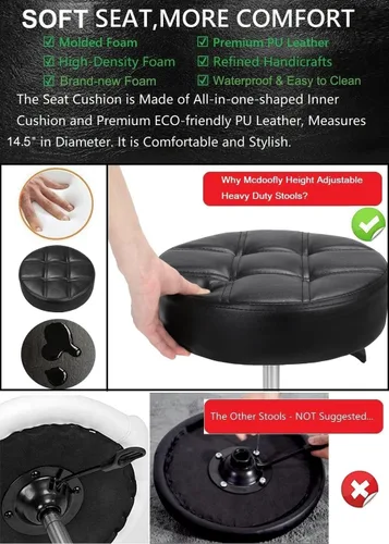 Vista 5 de Taburete ajustable resistente – Taburetes con ruedas giratorias de bloqueo – Taburetes giratorios sin respaldo para belleza, peluquería, spa, hogar