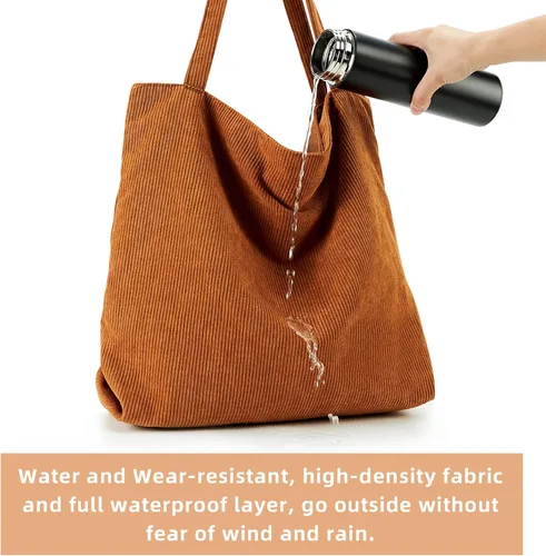 Vista 8 de KALIDI - Bolso de mano de pana con cremallera para mujer, bolso de hombro de gran capacidad con bolsillos
