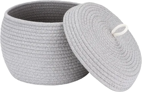 Vista 28 de Sea Team Cesta de almacenamiento redonda de cuerda de algodón con tapa, cesta de almacenamiento tejida con pompones de arcoíris coloridos, maceta