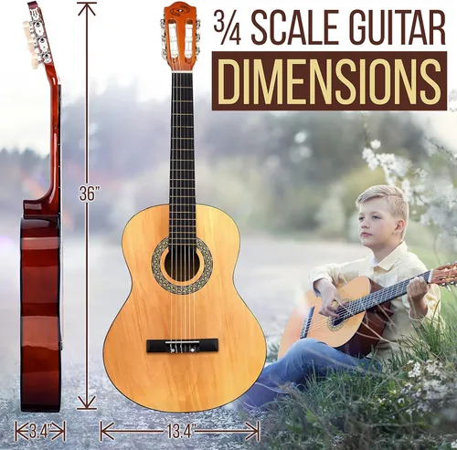 Vista 3 de Pyle - Kit de guitarra acústica clásica de 36 pulgadas junior 6, madera de tilo con bolsa de concierto, afinador, cuerdas de nailon, púas, correa