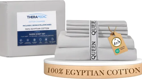 Vista 11 de Therapedic Juego de sábanas Queen de 6 piezas 100% algodón egipcio, satén naturalmente refrescante y transpirable, lavado suave preencogido, sábana