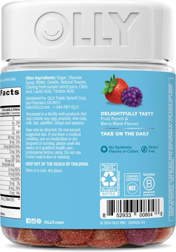 Vista 8 de OLLY Gomitas multivitamínicas y probióticas para niños, apoyo digestivo, vitaminas A, D, C, E, B, zinc, suplemento masticable, sabor a bayas