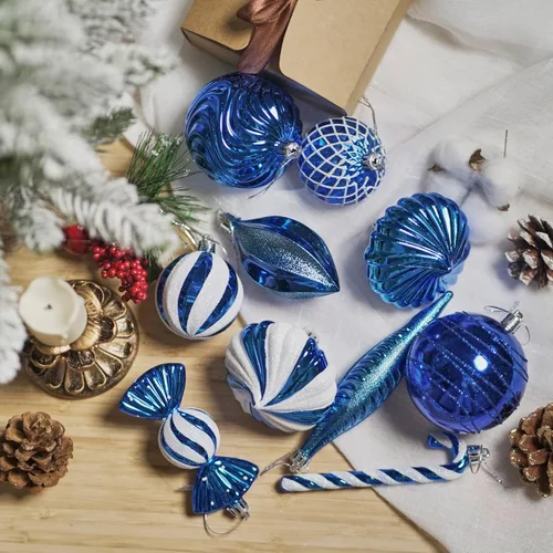 Vista 3 de Adornos de Bola de Navidad Irrompibles de Plástico para Árbol, 24 Piezas con Estilos de Formas Variadas, Decoración Navideña de Vacaciones, Azul