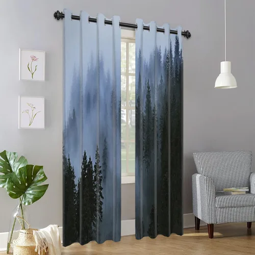 Vista 7 de AWERT Cortinas opacas para dormitorio, árbol azul claro con niebla, cortinas de bosque natural, 2 paneles para sala de estar, bloqueo de calor, 21 x
