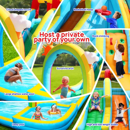 Vista 5 de WELLFUNTIME Parque inflable de los toboganes dobles del agua con el ventilador, castillo animoso con la cortina de agua del arco iris