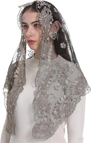 Vista 2 de Bozidol Mantilla de iglesia con velo católico Triángulo Santa Virgen Bordado Bufanda Tradicional Velo de Misa Capilla Oración Velo de Encaje