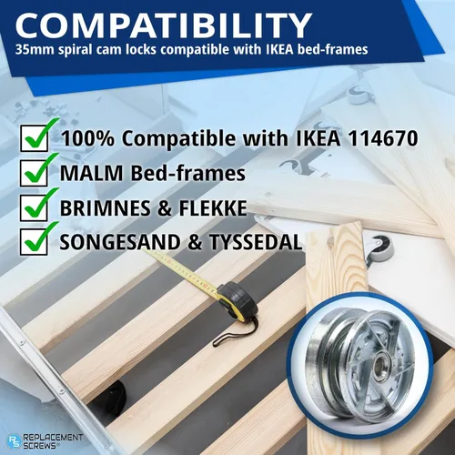 Vista 4 de ReplacementScrews Candados de leva para marco de cama compatibles con IKEA Part 114670 (MALM, SONGESAND, BRIMNES) (paquete de 1)