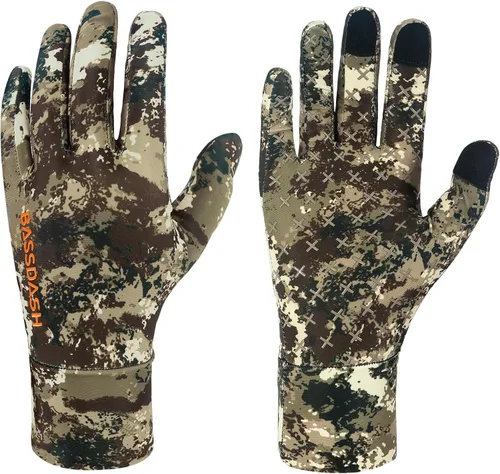 BASSDASH Guantes de caza de camuflaje para hombres UPF 50+ Guantes ligeros con pantalla táctil para pesca, senderismo y actividades al aire libre en