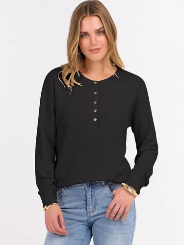 Vista 4 de ANRABESS Camisas de manga larga Henley de punto gofre para mujer Negro