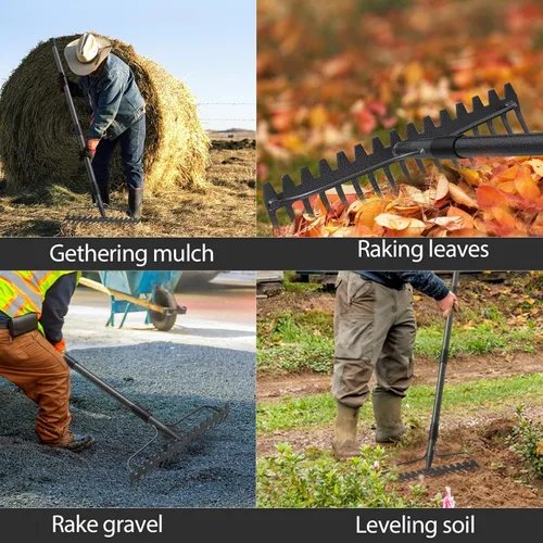 Vista 5 de Rastrillo de paja, rastrillo de paja para césped, rastrillo de jardín de metal resistente con 17 puntas, rastrillo de roca ajustable para jardinería