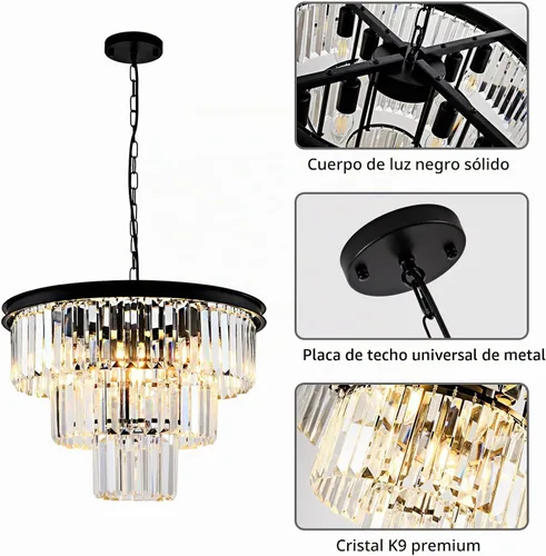 Vista 7 de Lámpara de cristal moderna de 20 pulgadas, lámpara de comedor negra, 8 Cristales negros y transparentes de 2 niveles