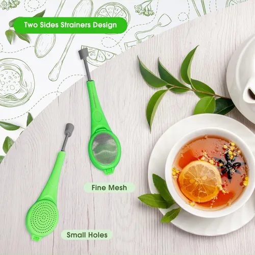 Vista 2 de VEIREN 3 filtros de té de mango largo de plástico, infusor de té de malla con émbolo integrado, reutilizables, coladores de dos lados para té