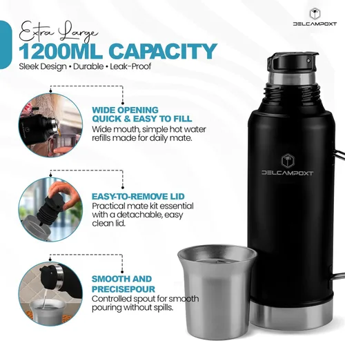 Vista 3 de Mate Thermal Flask Termo con tapa Tapa Vaso – Botella aislada al vacío de acero inoxidable de 1.2L (67.6 onzas), mantiene las bebidas calientes