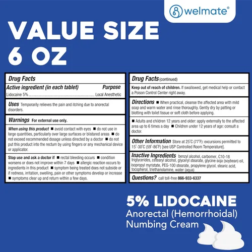 Vista 5 de WELMATE - Crema adormecedora de lidocaína al 5%, 6oz (170g) - Crema de lidocaína de máxima potencia - Alivio de hemorroides - Anestésico de uso