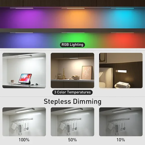 Vista 5 de 79-LED Under Cabinet Lighting, 15 Colors Uitra-Thin Closet Lights Rechargeable Wireless Under Counter Lighting with Remote Control, Dimmable RGB