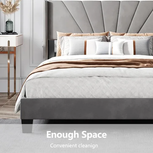 Vista 11 de Base de cama de plataforma tamaño Queen con cabecera tapizada de terciopelo y soporte de listones de madera, cama y cabecera tamaño Queen, no Beige