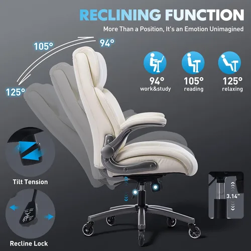 Vista 8 de MALOL 300lbs Ergonomic PU Leather Office Chairs, High-Back y Home Computer Executive Chair with Lumbar Support and Flip-Up Arms, Beige