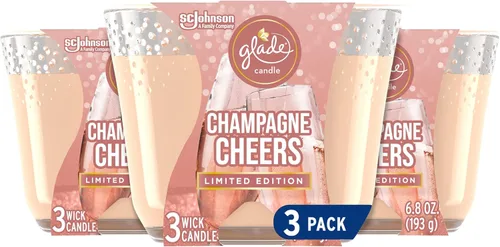 Glade Champagne Cheers - Vela de 3 mechas impregnada con aceites esenciales, ambientador, 3 unidades, 6.8 onzas cada uno