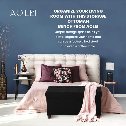 Vista 52 de Banco otomano de almacenamiento de 30 pulgadas, gris recto, moderno, estilo clásico, tela de lino, patas de madera de nogal