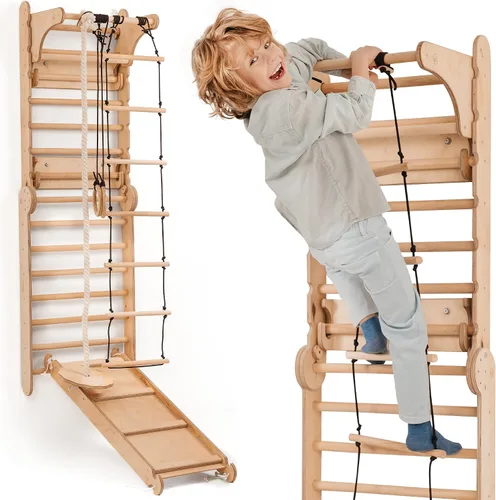 Zona de juegos interior 6 en 1 para niños, pared sueca de madera, escalera de escalada, tobogán, columpio, anillos de gimnasia, pared de escalada en