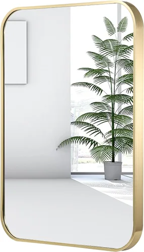 Vista 12 de Espejo de pared negro de 22 x 30 pulgadas para baño, espejo con marco de metal cepillado con esquina redondeada, espejo rectangular de tocador