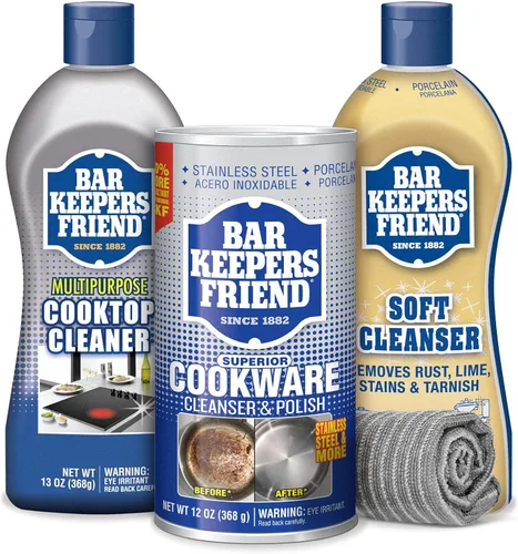 Bar Keepers Friend Paquete de limpieza de cocina, con limpiador suave (13 onzas), limpiador de placa de cocina (13 onzas), limpiador y esmalte de