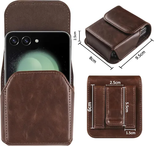 Vista 3 de Funda para Samsung Galaxy Z Flip 7/6/5, funda de cuero premium para teléfono con clip para cinturón funda para cinturón para Motorola Razr Plus, Café