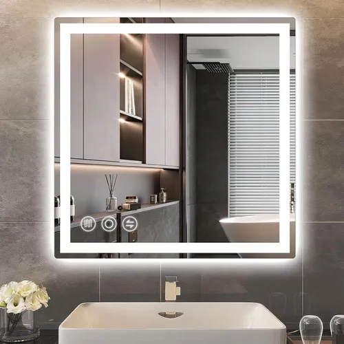 Memobarco Espejo de Baño LED de 24" x 24" con Iluminación Frontal y Trasera, Espejo de Tocador de Baño Anti-Empañamiento, Espejo de Pared con 3