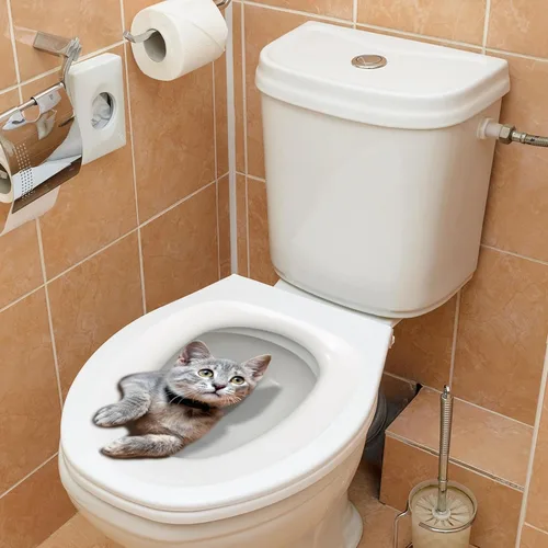 Vista 4 de Adhesivo de tapa de asiento de inodoro de dibujos animados, lindo gato, impermeable, autoadhesivo, extraíble, para decoración de baño, accesorios