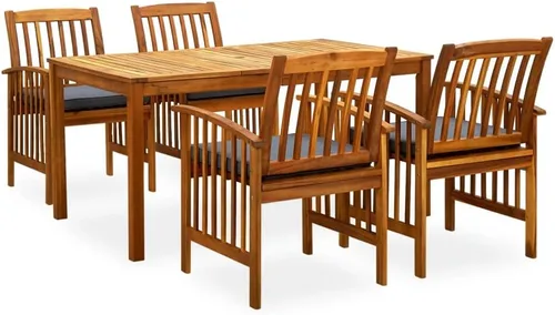 5-Piece Outdoor Dining Set with Dark Gray Cushions Solid Acacia Wood Patio Furniture Set for Backyard Porch Balcony