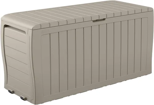 Keter Marvel Plus - Caja de almacenamiento de resina para exteriores de 71 galones para cojines de muebles de patio, almohadas, herramientas de Beige