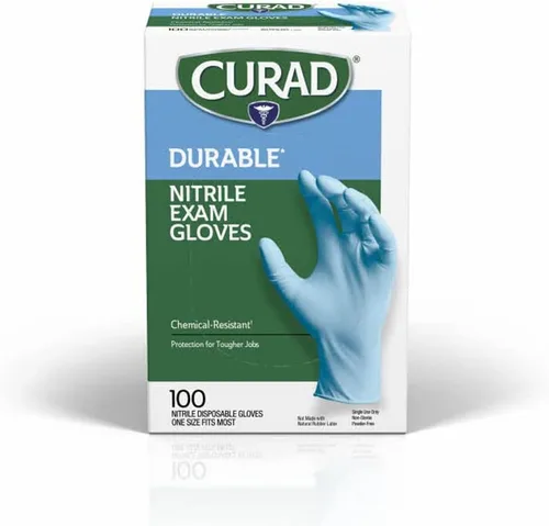 Guantes de examen de nitrilo Curad, duraderos, sin polvo, resistentes a productos químicos, talla única para la mayoría, 100 unidades