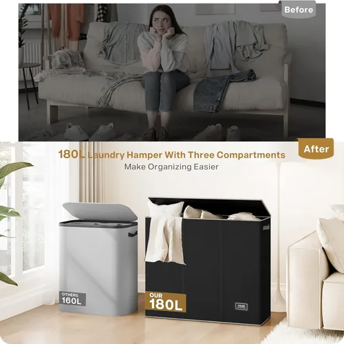 Vista 9 de SOLEDI Cesta de ropa sucia de 180L de 3 secciones, cesta de ropa sucia extra grande con tapa, cesta de ropa sucia con asa resistente, organizador