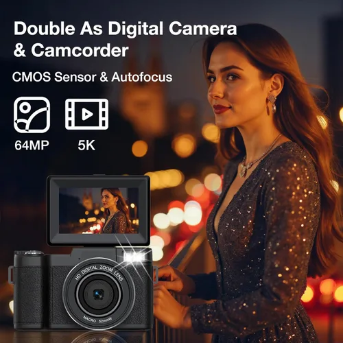 Vista 2 de Cámara digital 5K con WiFi para fotografía, cámara de vlogging de 64MP con pantalla abatible para YouTube, incluye tarjeta SD de 64 GB, trípode, luz