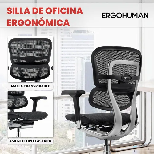 Vista 4 de Eurotech Seating Ergohuman Silla giratoria de malla con respaldo medio, color negro Negro/Cromo