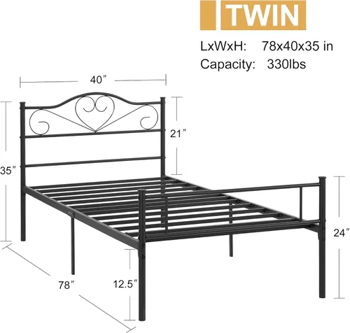 Vista 2 de VECELO Base de cama de plataforma de metal con cabecera y estribo, base de colchón de listones de acero, no necesita somier, individual, negro mate
