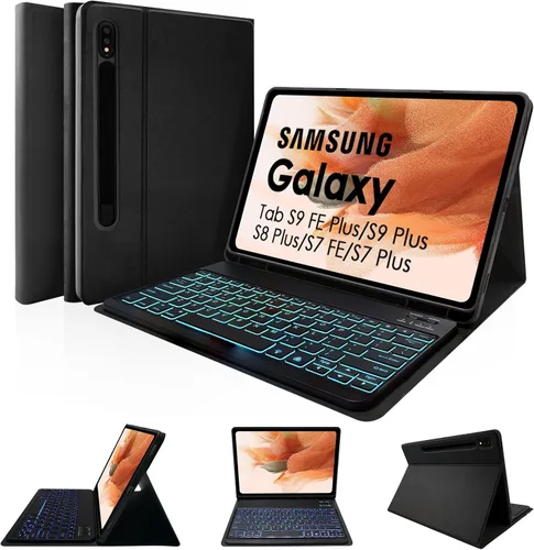 LAMA Funda con teclado retroiluminado para Samsung Galaxy 12.4 pulgadas S10 Plus/S9 FE+/S9+/S8+, 12.4 pulgadas, S7 FE/S7 Plus, funda desmontable con