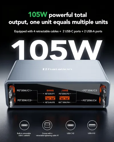 Vista 4 de Cargador retráctil 8 en 1 para múltiples dispositivos Apple Samsung, estación de carga de 105 W, USB c Gan Usbc, enchufe de pared de cargador rápido