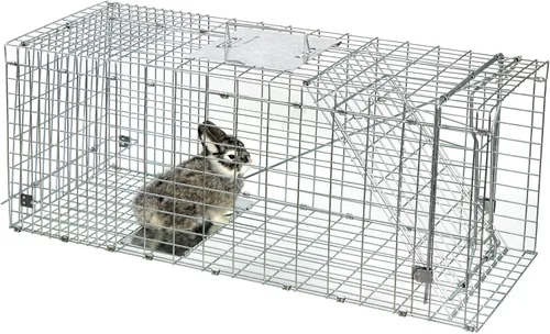 Vista 5 de ANT MARCH Live Animal Cage Trap 32''x11.5"x13" Steel Humane Release Rodent Cage with Gloves for Rabbits, Stray Cat, Squirrel, Raccoon, Mole, Gopher