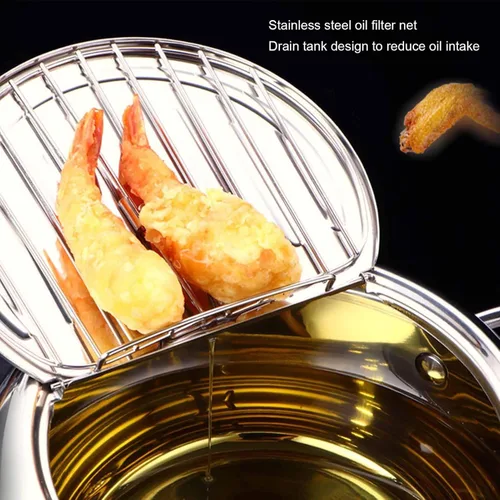 Vista 7 de Alvinlite Olla para freidora, freidora pequeña de tempura, olla japonesa de acero inoxidable con termómetro, freidoras verdes de grasa profunda