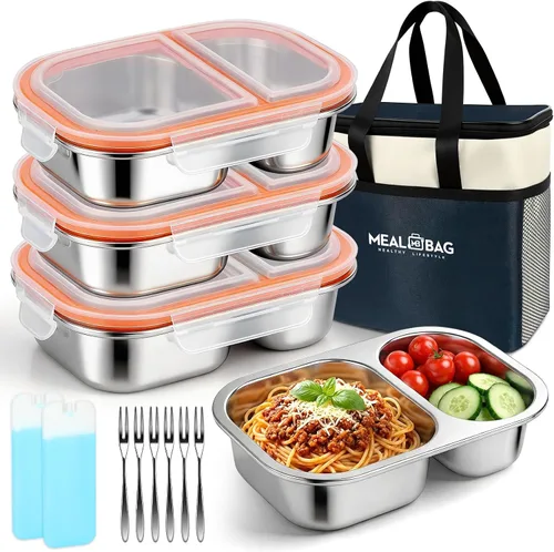 Juego de cajas Bento de acero inoxidable, paquete de 3 cajas de almuerzo de 27 onzas / 27.1 fl oz con tapas firmes a presión, bolsa de almuerzo