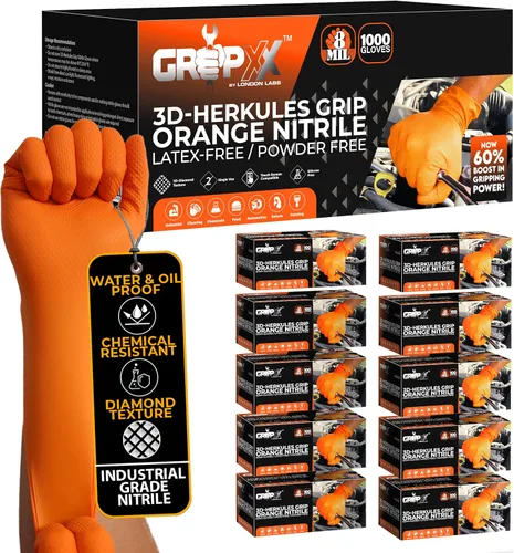 Vista 14 de GRIPXX Herkules Grip Guantes de nitrilo resistentes de 8 mil verdes, textura de diamante 3D elevada - Sin látex y sin polvo - Industrial